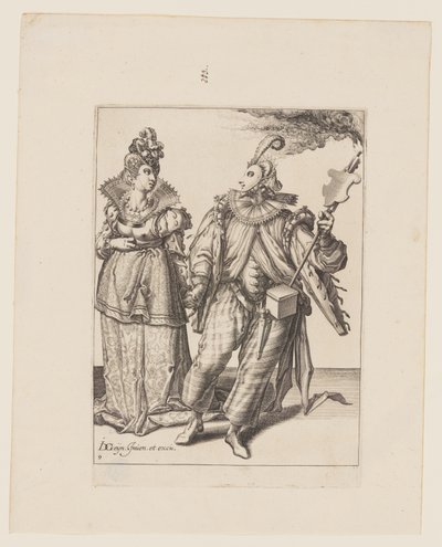 Een vrouw geleid door een speler met een fakkel, uit De maskerades door Jacques de Gheyn II