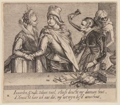 Een jonge man tussen een jonge vrouw en een oude vrouw, uit Unequal Lovers door Jacques de Gheyn II