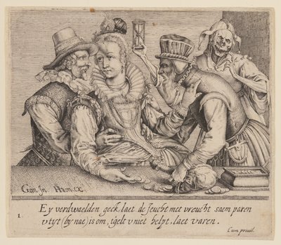 Een jonge vrouw tussen een jonge man en een oude man, uit Unequal Lovers door Jacques de Gheyn II