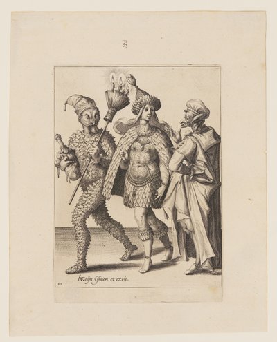 Een oude trommelaar richt zich tot een koppel gekleed in bladeren en vogelveren, uit De maskerades door Jacques de Gheyn II