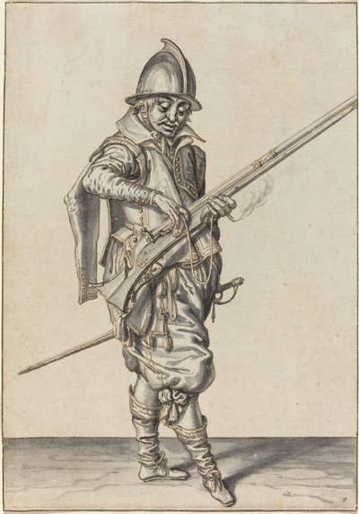 Elegant geklede soldaat die zijn kaliber voorbereidt om te schieten door Jacques de Gheyn II