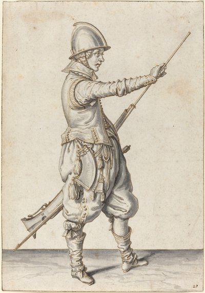 Elegant geklede soldaat die zijn caliver aanstampt door Jacques de Gheyn II