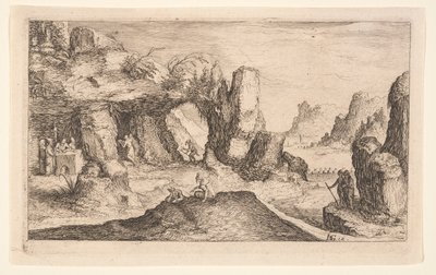 Landschap met een grot en kluizenaars, uit Landschappen door Jacques de Gheyn II