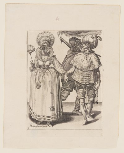 Man met tulband leidt een vrouw die pauwenveren draagt, achter hen een fakkeldrager, uit De maskerades door Jacques de Gheyn II