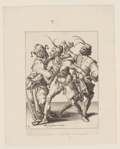 Drie dansende trommelaars en een nar, uit De maskerades door Jacques de Gheyn II