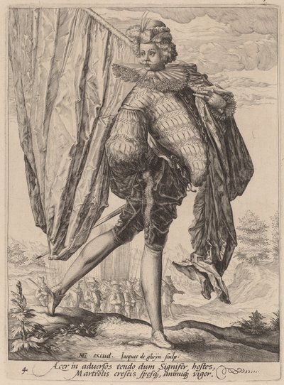 Soldaat gewapend met breedzwaard en schild door Jacques de Gheyn II after Hendrik Goltzius