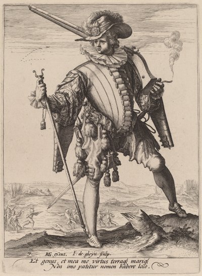Soldaat met haakbus door Jacques de Gheyn II after Hendrik Goltzius