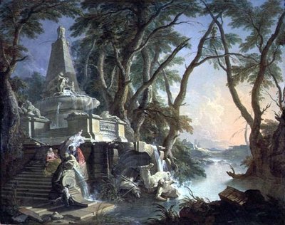 De piramidefontein met een gebroken standbeeld van Neptunus, of landschap: de rivier door Jacques de Lajoüe
