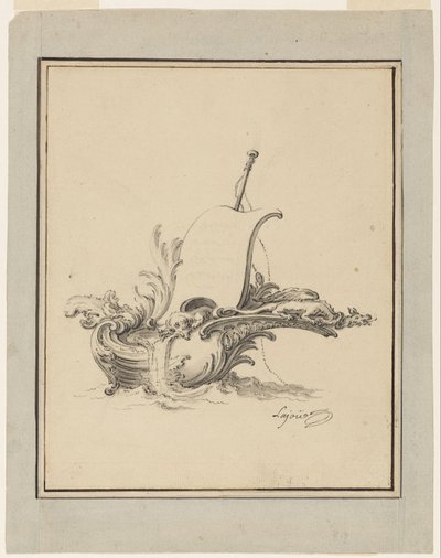 Ontwerp voor een wapenschild in de vorm van een boot met zeil, voor Recueil Nouveau de Differens Cartouches door Jacques de Lajoüe