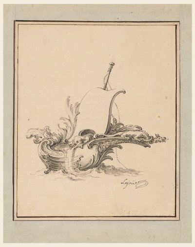 Tekening, Ontwerp voor een wapenschild in de vorm van een boot met zeil, voor Recueil Nouveau de Differens Cartouches, 1734 door Jacques de Lajoüe