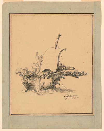 Tekening, Ontwerp voor een wapenschild in de vorm van een boot met zeil, voor Recueil Nouveau de Differens Cartouches, 1734 door Jacques de Lajoüe