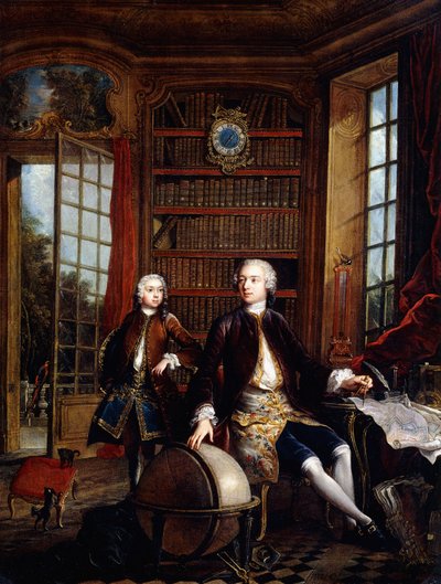 Portret van de zoon van de kunstenaar met zijn leraar, naar verluidt de kunstenaar Jean Baptiste de Courtonne de Jongere, in een bibliotheek door Jacques de Lajoüe