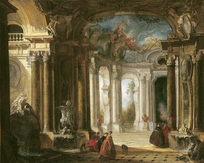 Het interieur van een Barok paleis met elegante gezelschap pratend bij fonteinen door Jacques de Lajoüe