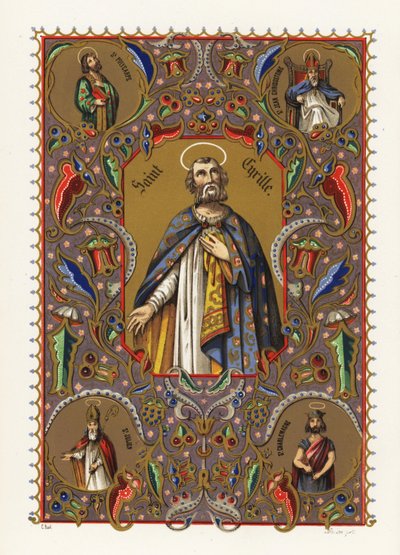Portret van Cyrillus van Alexandrië, Patriarch van Alexandrië, met halo en gewaad, binnen decoratieve rand van loof door Jacquet Jacquet
