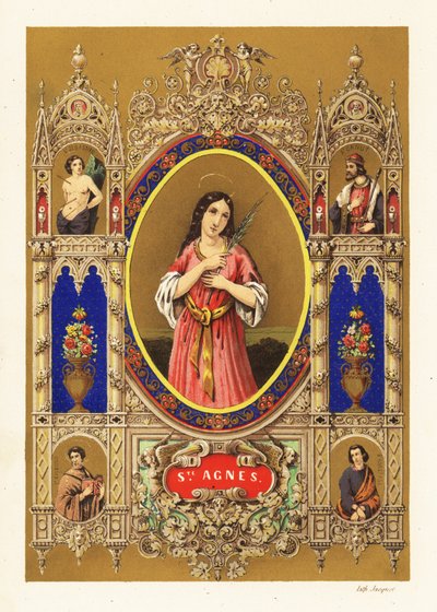 Portret van Sint Agnes van Rome, maagd en martelaar, met halo en palmtak binnen decoratieve rand door Jacquet Jacquet