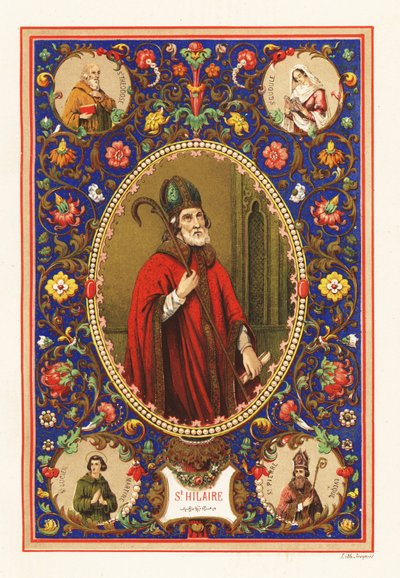 Portret van Sint Hilarius, bisschop van Poitiers, met mijter en staf, binnen decoratieve rand van loof door Jacquet Jacquet
