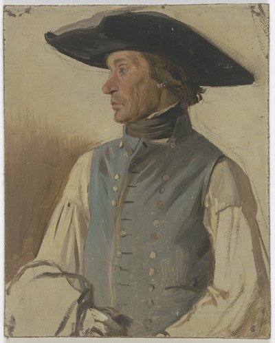 Boer met een grote hoed en een blauw vest door Jakob Becker