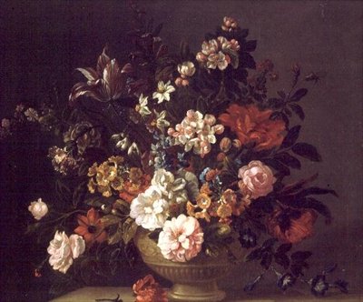 Rozen, tulpen en andere bloemen in een urn op een richel door Jakob Bogdani or Bogdany