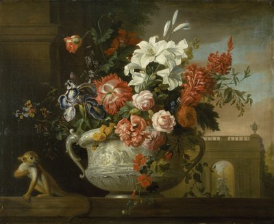 Stilleven met bloemen in een urn, met een aap, op een richel, c.1699 door Jakob Bogdani or Bogdany