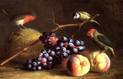 Drie vogels met perziken, druiven en een meloen door Jakob Bogdani or Bogdany