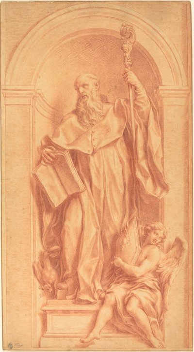 Een Beeld van Sint Benedictus in een Niche door Jakob Frey