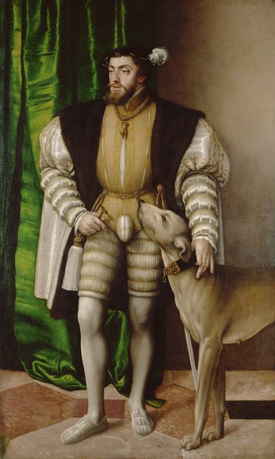 Portret van keizer Karel V met hond door Jakob Seisenegger