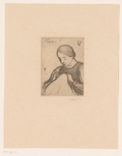 Portret van Malvina Dedeyn met handwerk door Jakob Smits