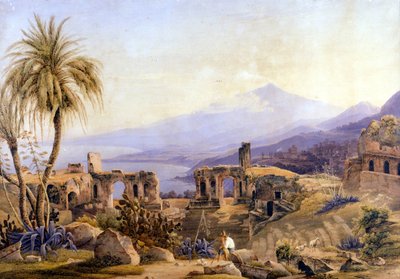 Taormina in Sicilië: de ruïnes en Etna. Schilderij door Jacob Suter, circa 1850 door Jakob Suter