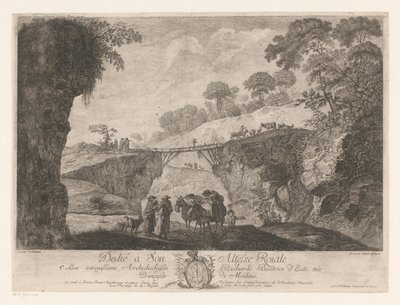 Berglandschap met een houten brug tussen twee rotsen door Jakob Wangner