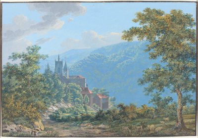 Een fort in een berglandschap bij zonsopgang door Jakob Wilhelm Huber