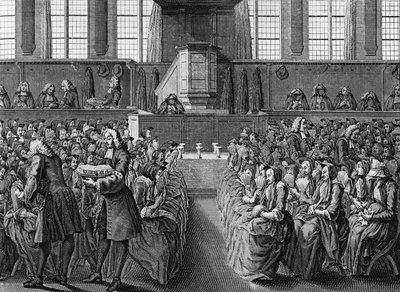 Anabaptisten diner, gravure door Jacobus van der Schley (1715-1779) uit Religieuze Ceremoniën en Gebruiken van Alle Volkeren van de Wereld door Jakob van der Schley