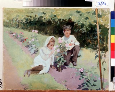 "Aan de rozenstruik" Twee kinderen in een rozentuin. Schilderij van Jakov Kalinichenko (1908) door Jakoff Jakovlevitch Kalinitchenko