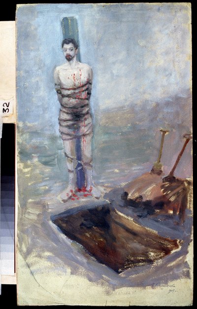 Russische Revolutie van 1905: "De executie" Een veroordeelde vastgebonden aan een paal bij zijn gegraven graf. door Jakoff Jakovlevitch Kalinitchenko