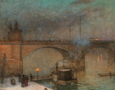 Praag, stoomboot op de Vltava voor de Palacky-brug, ca 1910-1915 door Jakub Schikaneder