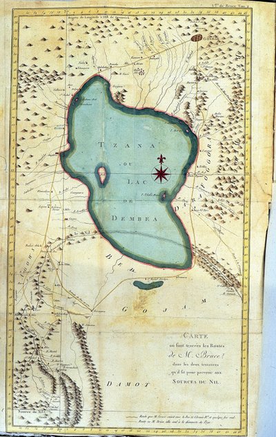 Kaart van de regio van het Tzana-meer of Dembea-meer (routes van M. Bruce in zijn twee pogingen om de bronnen van de Nijl te bereiken) - in 