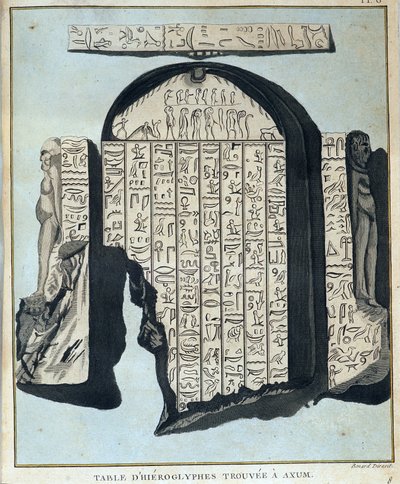Tabel van hiërogliefen gevonden in Axoum (Aksoum) - in "Reis naar Nubië en Abessinië ondernomen om de bronnen van de Nijl te ontdekken tijdens de jaren 1768 tot 1772", door James Bruce, deel 1, Parijs door James Bruce