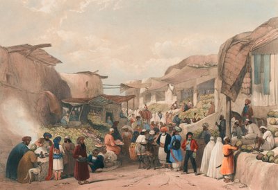 De hoofdstraat in de bazaar van Caubul in het fruitseizoen, ca. 1839 door James (after) Atkinson