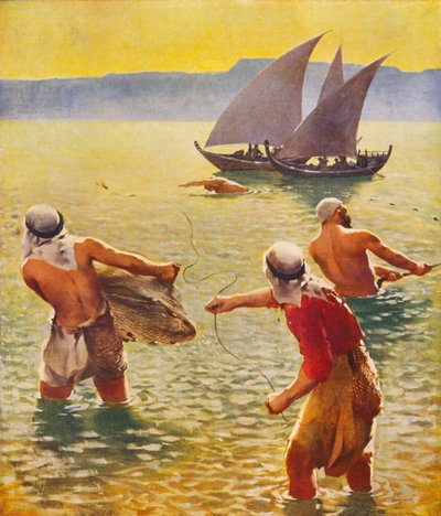 Heilig Land: Vissen in het Meer van Galilea door James (after) Clark