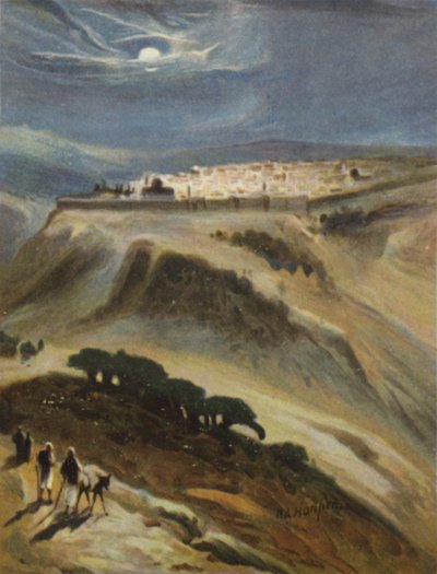Jeruzalem (maanlicht) vanaf de Olijfberg (kleur litho) door James (after) Clark