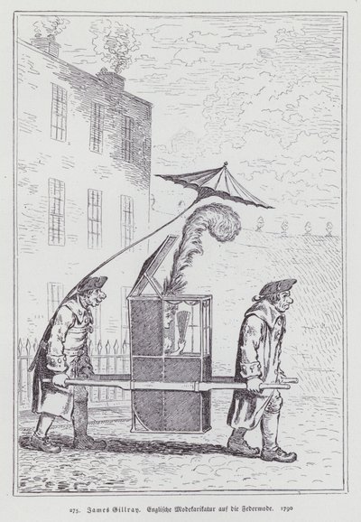 Engelse cartoon die de mode voor vrouwen met verenhoofdtooien bespot door James (after) Gillray