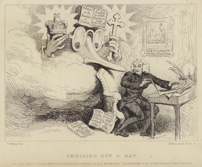 Een rat opsporen: Welshe filosoof, non-conformistische prediker en pamflettist Richard Price opgeschrikt door een gigantische brilneus die Edmund Burke voorstelt, die hem betrapt te midden van bewijzen van opruiing tegen kerk en staat door James (after) Gillray