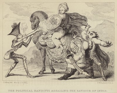 De politieke bandieten die de redder van India aanvallen: Warren Hastings, voormalig gouverneur van Bengalen, onder aanval van politici Edmund Burke, Charles James Fox en Lord North door James (after) Gillray