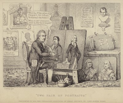 Twee paar portretten: anti-Whig cartoon met John Henry Tooke met portretten van Charles James Fox die ondeugd personifieert en William Pitt de Jongere die deugd vertegenwoordigt door James (after) Gillray
