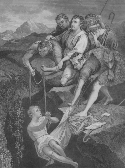 Jozef in de put geworpen, Genesis 37, Vers 3-25 (gravure) door James (after) Northcote