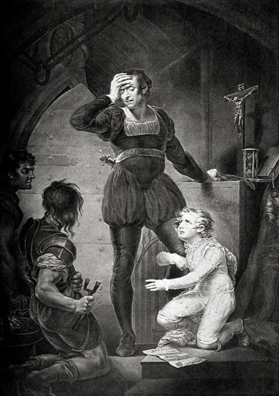 Koning Jan. Act IV, scène I: Hubert met Arthur in de gevangenis door James (after) Northcote