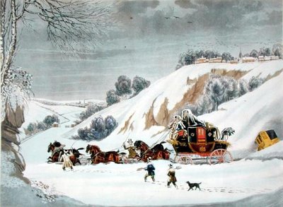 Een postkoets in diepe sneeuw, gegraveerd door George Hunt door James (after) Pollard