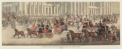 De Koninklijke Posten - Vertrek vanuit het Hoofdpostkantoor, Londen (kleur litho) door James (after) Pollard