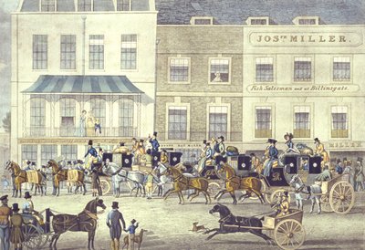 West Country Mail bij het Gloucester Coffee House, Piccadilly, gegraveerd door C. Rosenberg door James (after) Pollard
