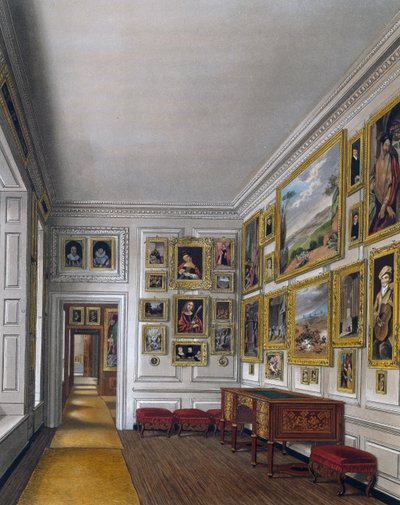 Achterkamer van de koningin, gravure door William James Bennett (1787-1844), gebaseerd op ontwerp van James Stephanoff (ca. 1788-1874), uit The History of the Royal Residences door James (after) Stephanoff