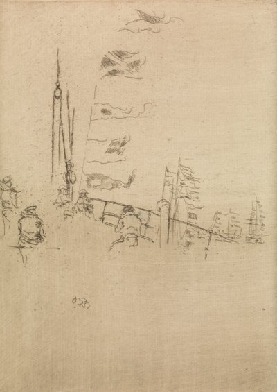 Vlagvertoon, uit een set van twaalf etsen getiteld De Marine Review, 1887 door James Abbott McNeill Whistler